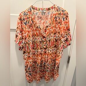 Rose + Olive Boho Print Blouse 3X Plus Size Henley Tunic Top Short Sleeve